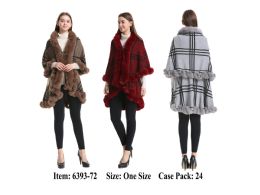 24 Pieces Womens Plaid Poncho Cape Double Layer With Fur Trim - Winter Pashminas and Ponchos