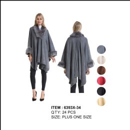 24 Pieces Womens Plus Size Poncho/cape Textured With Fur Trim - Winter Pashminas and Ponchos