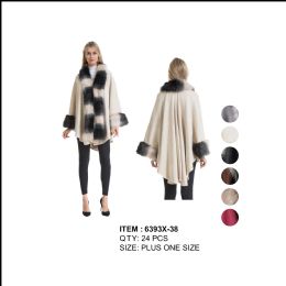 24 Pieces Womens Plus Size Poncho With Heavy 3 Tone Fur Around Long Collar And Cuff - Winter Pashminas and Ponchos