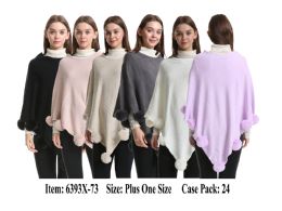 24 Bulk Womens Plus Size Knit Poncho Cape With Fur Pom Pom On Hem
