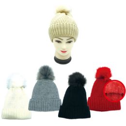 24 Wholesale Lady's Winter Cable Knit Beanie Hat Fur Lined