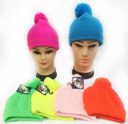 48 Bulk Knitted Neon Color Unisex Winter Pompom Hats Assorted