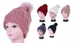 36 Wholesale Women Knit Slouchy Beanie Chunky Baggy Hat With Faux Fur Pompom Winter Soft Warm Ski Cap