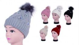 36 Pieces Women Cozy Winter Beanie With Rhinestones And Faux Fur Pom Pom - Winter Beanie Hats