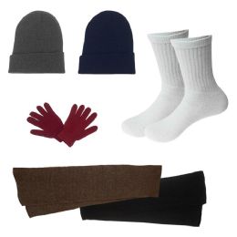 96 Bulk Unisex Socks (size 10-13), Winter Gloves, Scarf, Beanie In 5 Assorted Colors