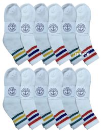 12 Wholesale Yacht & Smith Wholesale Bulk Womens Mid Ankle Socks, Cotton Sport Athletic Socks - Size 9-11, (white With Stripes, 12)