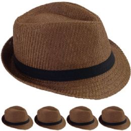 24 Wholesale Elegant Coffee Color Toyo Straw Trilby Fedora Hat