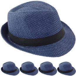 24 Wholesale Elegant Blue Toyo Straw Trilby Fedora Hat