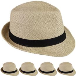 24 Wholesale Straw Fedora Hat In Beige