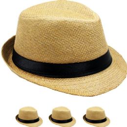 24 Wholesale Tan Paper Straw Casual Black Banded Kid Trilby Fedora Hat
