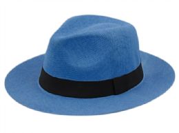 24 Wholesale Paper Straw Panama Hats With Grosgrain Band In Navy