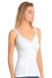 72 Pieces Mopas Ladies Wrinkled Camisol With Lace In White - Womens Camisoles & Tank Tops