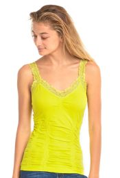 72 Pieces Mopas Ladies Wrinkled Camisole With Lace In Lime - Womens Camisoles & Tank Tops