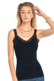 72 Pieces Mopas Ladies Wrinkled Camisole With Lace In Navy - Womens Camisoles & Tank Tops