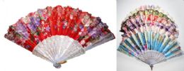 24 Wholesale White Hand Fan With Gold Accent Flower Print