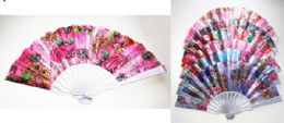 24 Wholesale White Hand Fan With Flower And Feather Print