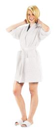 2 Pieces Thigh Length Waffle Weave Kimono Robe In White - Bath Robes