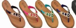 48 Wholesale Womens Summer Beach Flat Sandals Rhinestone Shiny Beads Slip On Flip Flops