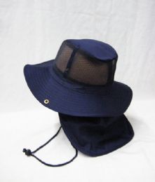 24 Wholesale Men's Mesh Boonie / Hiking Hat In Navy Blue
