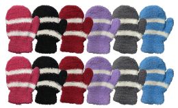 12 Wholesale Yacht And Smith Kids Unisex Fuzzy Mittens In Assorted Striped Colors