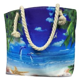 24 Bulk Nautical Rope Large Beach Tote Bag With Inner Pocket , Assorted Summer Prints