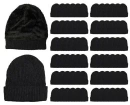 72 Wholesale Yacht & Smith Unisex Sherpa Line Ribbed Faux Fur Winter Beanie Hat Solid Black