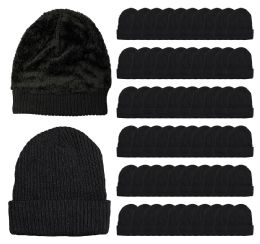 60 Pieces Yacht & Smith Unisex Sherpa Line Ribbed Faux Fur Winter Beanie Hat Solid Black - Winter Beanie Hats