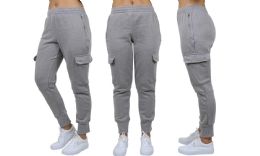 24 Wholesale Womens FleecE-Lined LoosE-Fit Cargo Joggers Assorted Sizes Solid Gray