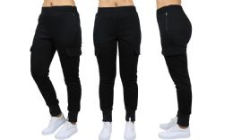 24 Wholesale Womens FleecE-Lined LoosE-Fit Cargo Joggers Assorted Sizes Solid Black