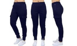 24 Wholesale Womens FleecE-Lined LoosE-Fit Cargo Joggers Assorted Sizes Solid Navy