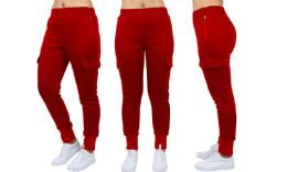 24 Wholesale Womens FleecE-Lined LoosE-Fit Cargo Joggers Assorted Sizes Solid Red