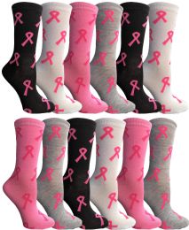 12 Wholesale Pink Ribbon Breast Cancer Awareness Crew Socks For Women Size 9-11