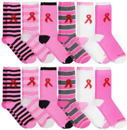12 Wholesale Yacht & Smith Women's Pink Ribbon Breast Cancer Awareness Crew Socks