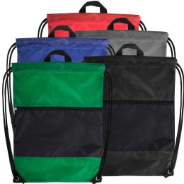 48 Pieces 18 Inch Drawstring Bag Large Zippered Section - 5 Colors - Draw String & Sling Packs