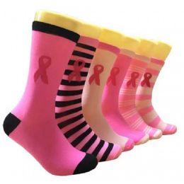 360 Wholesale Ladies Pink Ribbon Crew Socks Size 9-11