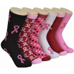 360 Units of Ladies Pink Ribbon Crew Socks Size 9-11 - Breast Cancer Awareness Socks
