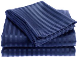 12 Sets 1800 Series Ultra Soft 4 Piece Embossed Stripe Bed Sheet Size Full In Navy - Bed Sheet Sets