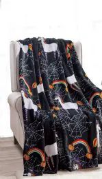 24 Wholesale Holiday Black Unicorn Design Micro Plush Throw Blanket - 50x60 Multicolor