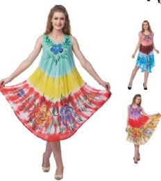 48 of Wholesale Tie Dye TrI-Color Flower Rayon Umbrella Dresses