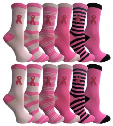 60 of Yacht & Smith Printed Breast Cancer Awareness Socks, Pink Ribbon Women Crew Socks Bulk Buy