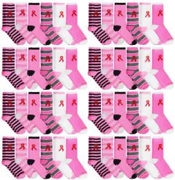 60 of Yacht & Smith Printed Breast Cancer Awareness Socks, Pink Ribbon Women Crew Socks Bulk Buy