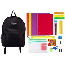 4 Wholesale 17" Basic Black Backpack With 39 Piece Kids School Supply Kit