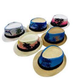24 Wholesale Printed Tropical Palm Tree Fedora Hat [small Brim]