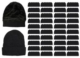 240 Wholesale Yacht & Smith Unisex Black Stretch Ribbed Sherpa Beanie, Super Warm Winter Beanie