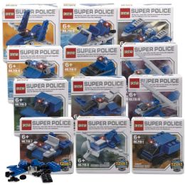 50 Pieces Micro Blocks Police Vehicles - 12 Assorted Vehicles - Cars, Planes, Trains & Bikes
