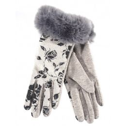 36 Units of Ladies Winter Glove Flower Print With Fur Cuff - Fuzzy Gloves