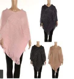24 Bulk Womens Solid Polyester Winter Cape In Assorted Colors