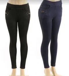 48 Wholesale Womens Jean Look Jeggings Stretch Pull On With Pocket