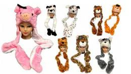 12 Wholesale Long Plush Animal Hats Assorted With Mittens