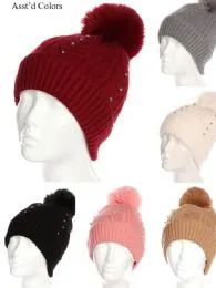 36 Units of Women Winter Pom Pom Hat With Studs Design - Winter Beanie Hats
